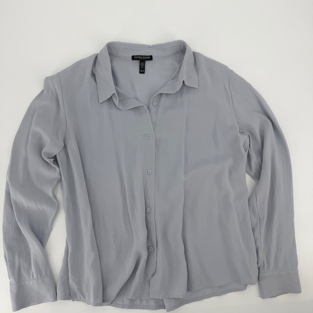 Eileen Fisher Petite 100% Silk Button Down Blouse Blue Gray PS RN78121